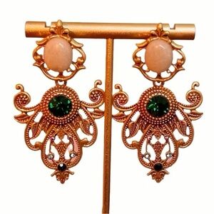 Ornate Gold and Green Statement Earrings
